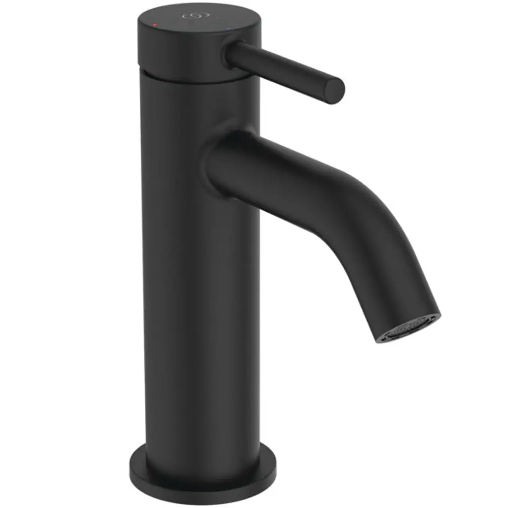 Schwarze Waschtischarmatur von Ideal Standard mit seitlichem Bedienhebel und ausgefeilter Strahltechnik, designed für moderne Badezimmer.